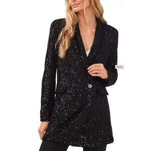 Women's Sequined Double Breasted Flap Pockets Long Blazer